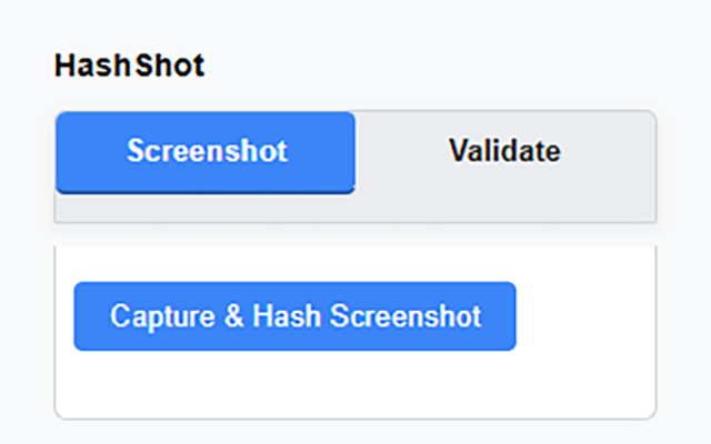 HashShot extension popup with 'Capture & Hash Screenshot' button