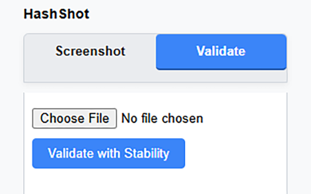 HashShot extension popup on Validate tab, with file picker and 'Validate with Stability' button